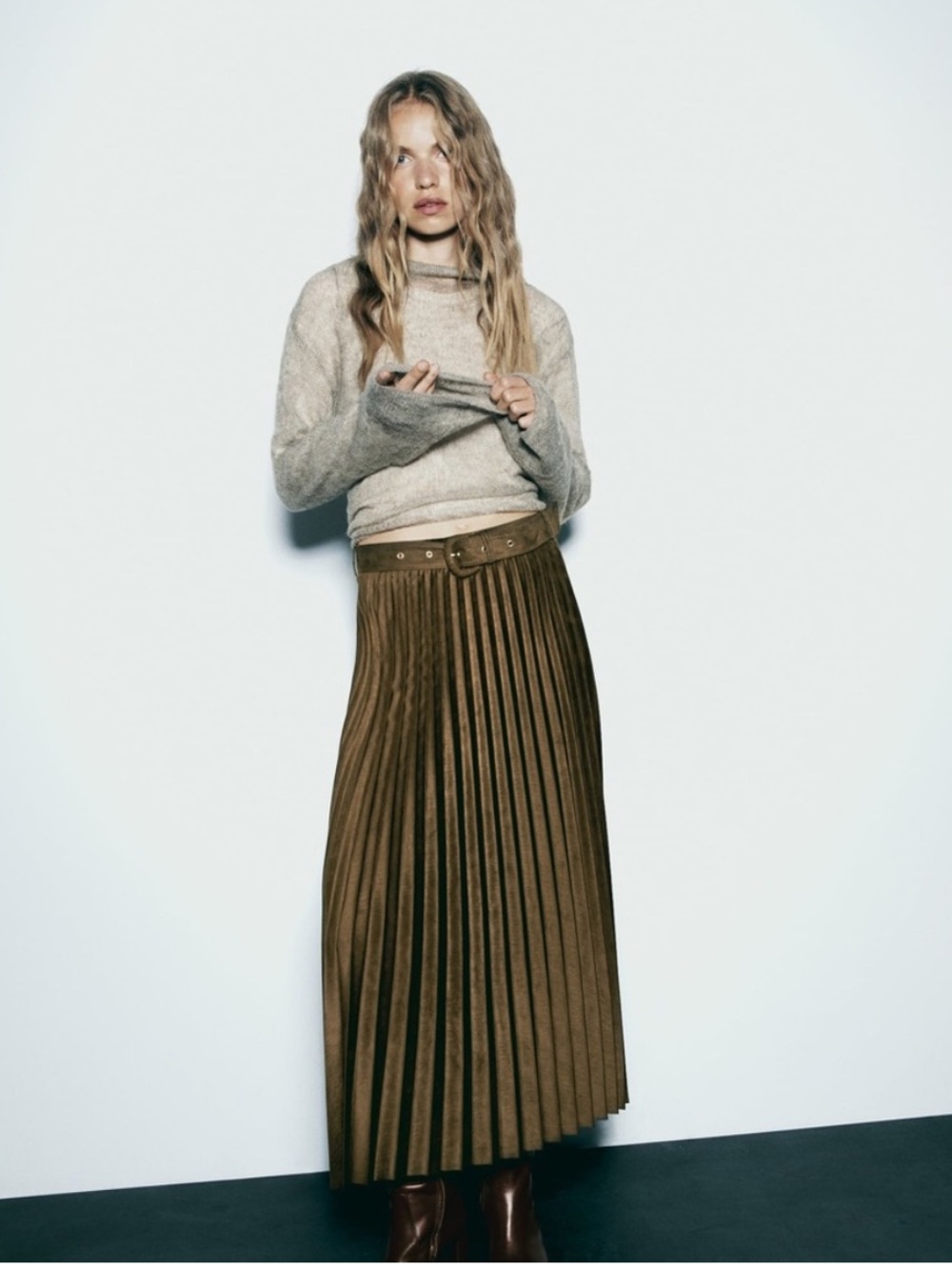 ZARA Faux Suede Accordion Pleated Midi Skirt